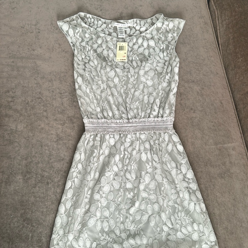 Max Studio dress. Sheer leaf design overlay. Gathered waist. Color- gray. Size M